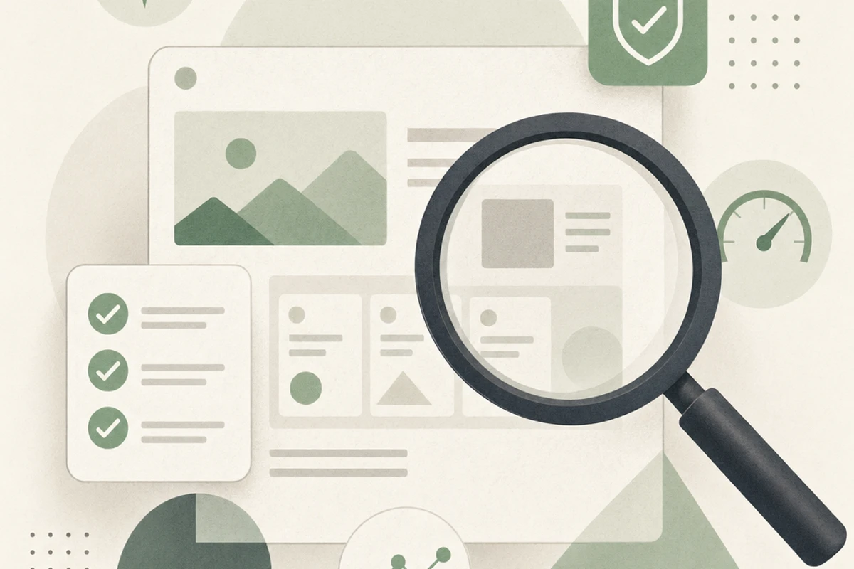 Magnifying glass examining a Webflow developer portfolio with performance metrics and quality indicators
