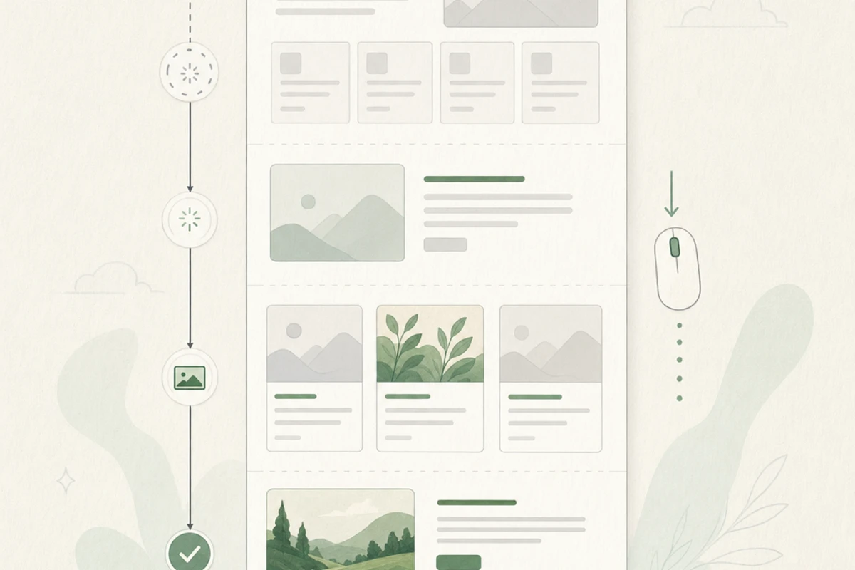 Visual representation of lazy loading showing webpage elements loading progressively as user scrolls