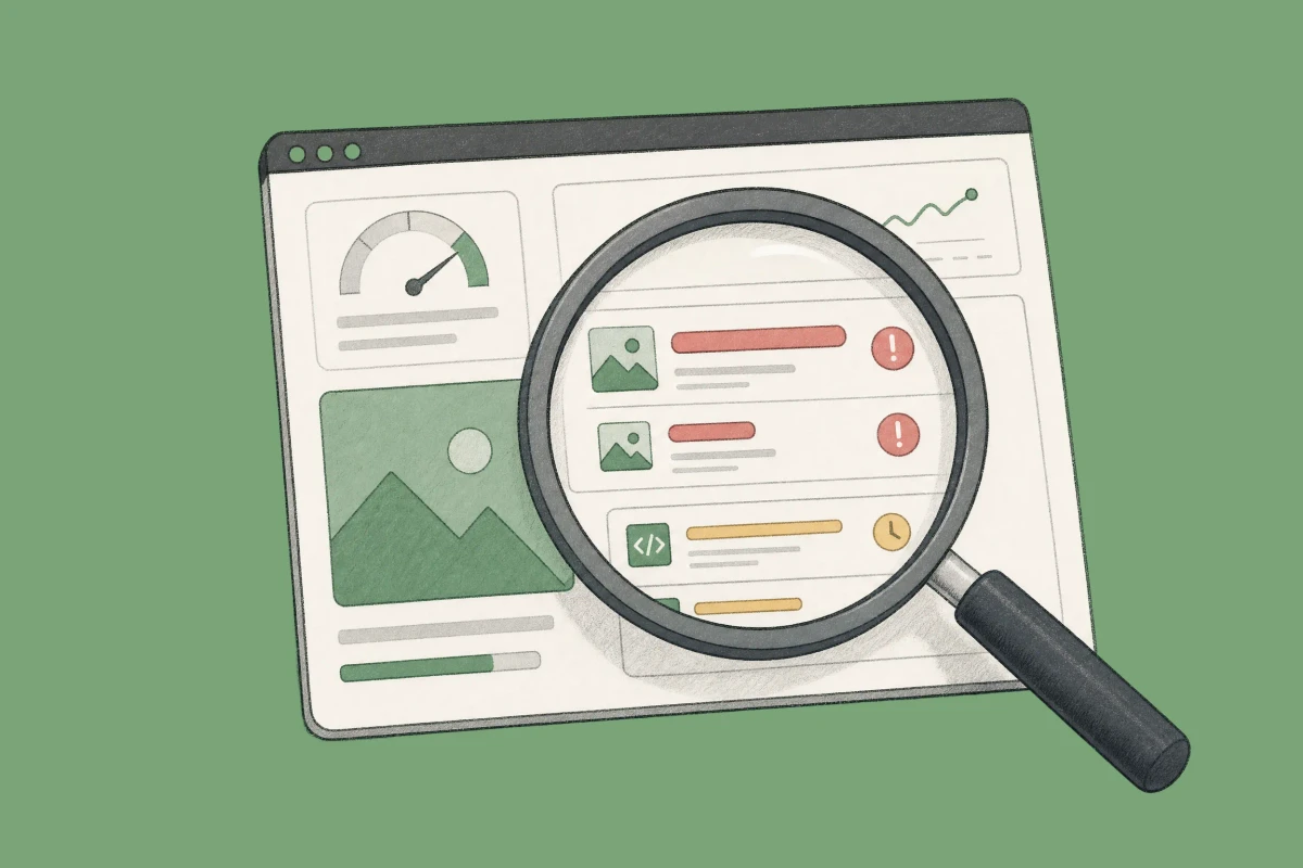 A performance report with highlighted issues like large images and render-blocking resources.