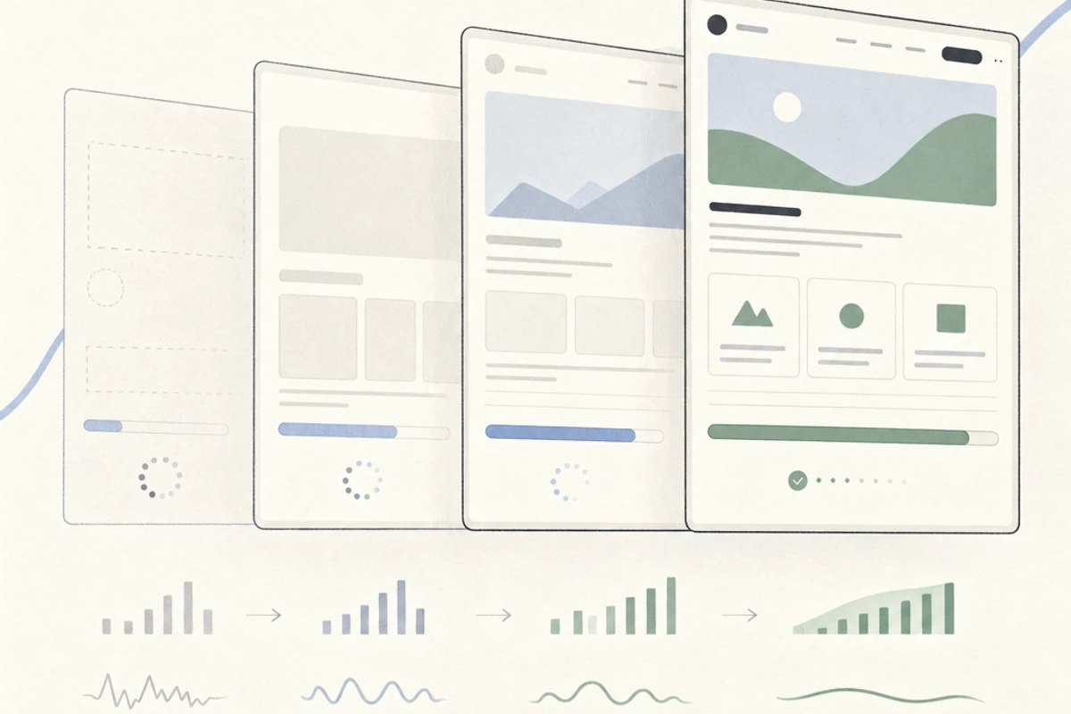 Progressive website loading sequence showing performance metrics improving through each rendering stage