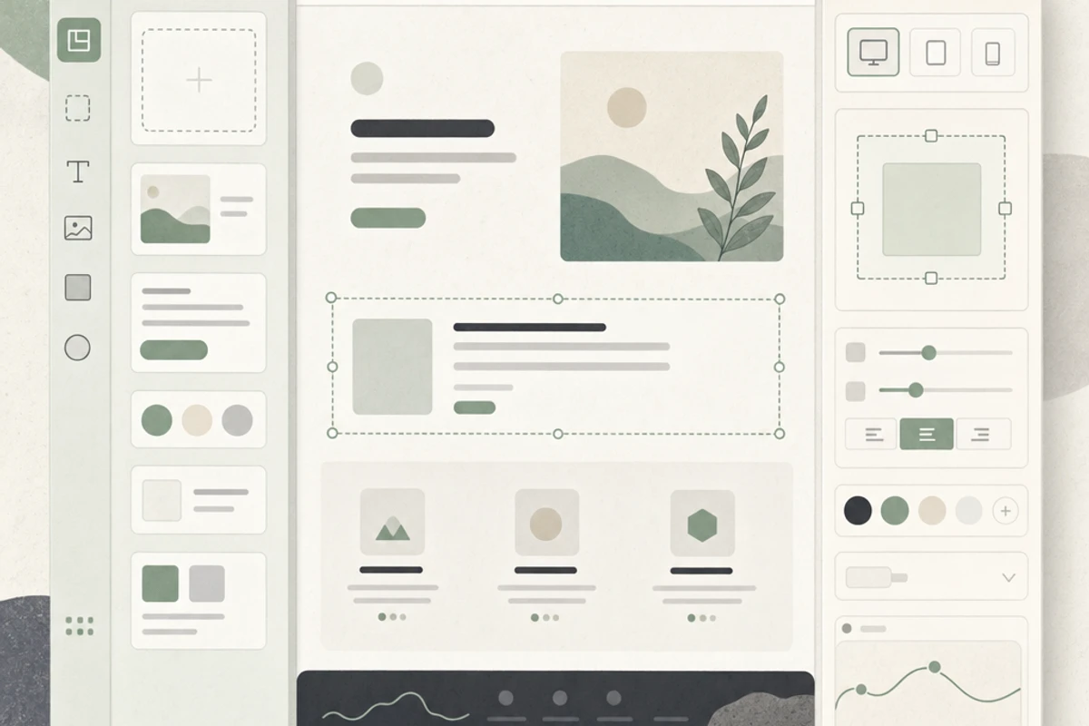 Illustration of Webflow Designer's interface showing the three main panels: left, center canvas, and right