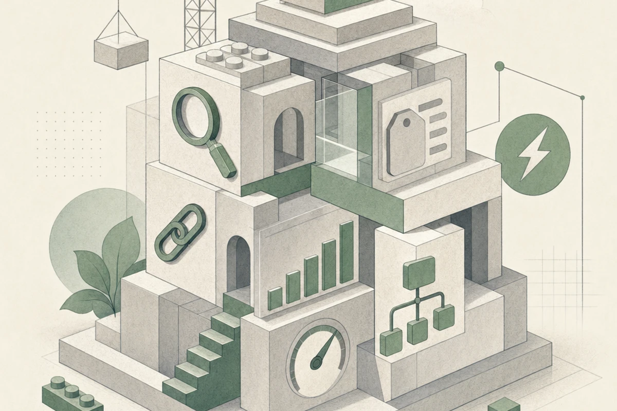 3D illustration of website foundation blocks with integrated SEO elements