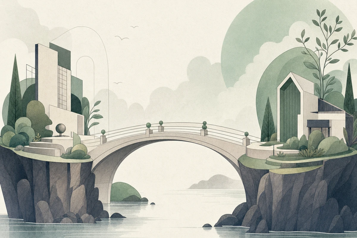 Architectural bridge connecting two distinct platforms, symbolizing the hybrid Webflow-Shopify approach