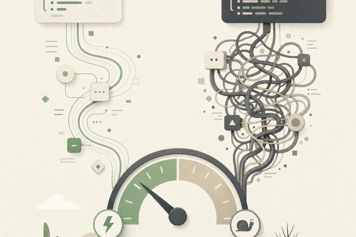 Speed comparison gauge showing the performance difference between optimized and bloated website code