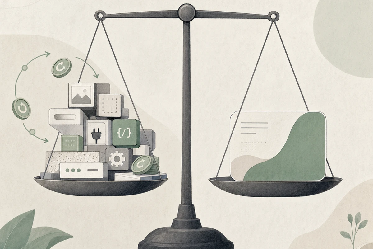 Balance scale comparing WordPress's plugin costs with Webflow's subscription pricing model